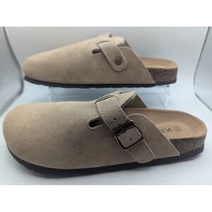 KIDMI Womens 41 EU 9.5 Taupe Suede Slip On Clogs Adjustable Strap Cork Footbed